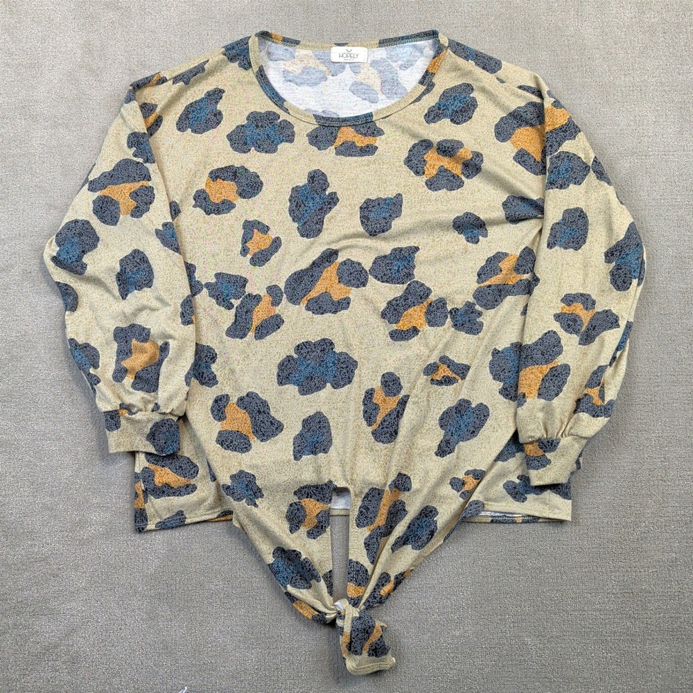 Hopely Leopard Print Tie Front Top Women Medium Tan Blue Orange Long Sleeve USA